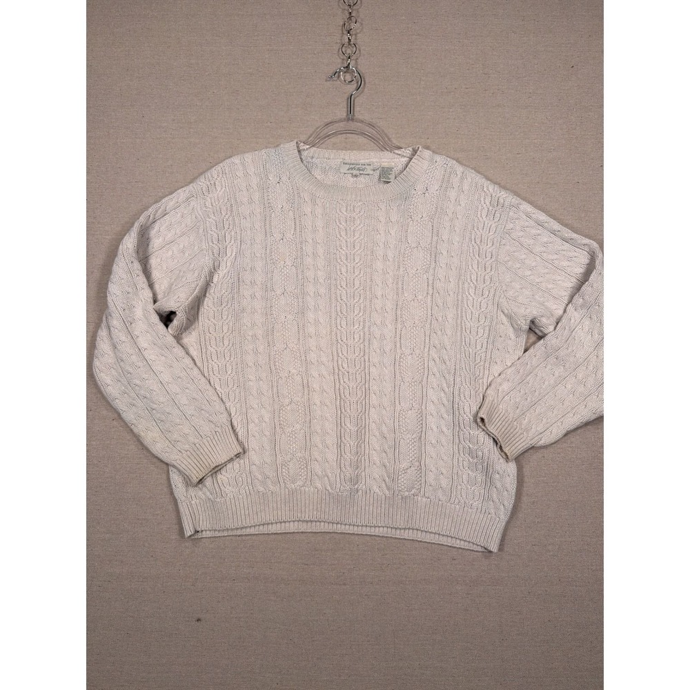 Lord & Taylor Vintage Cream Cable Knit Cotton Sweater Crewneck Cream Medium